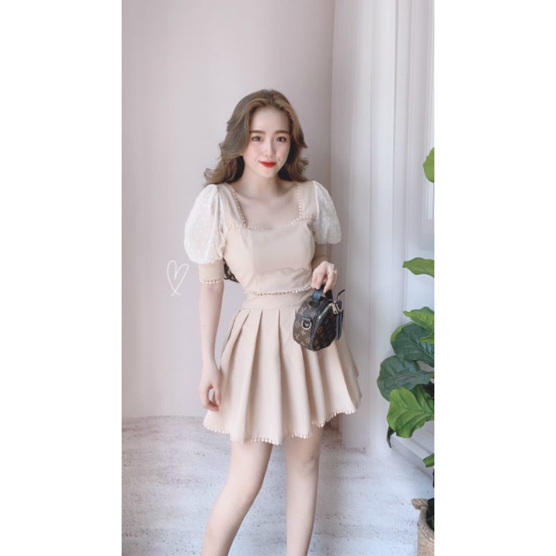 SÉT ÁO TAY LƯỚI PHỐI REN + CHÂN VÁY XẾP LY