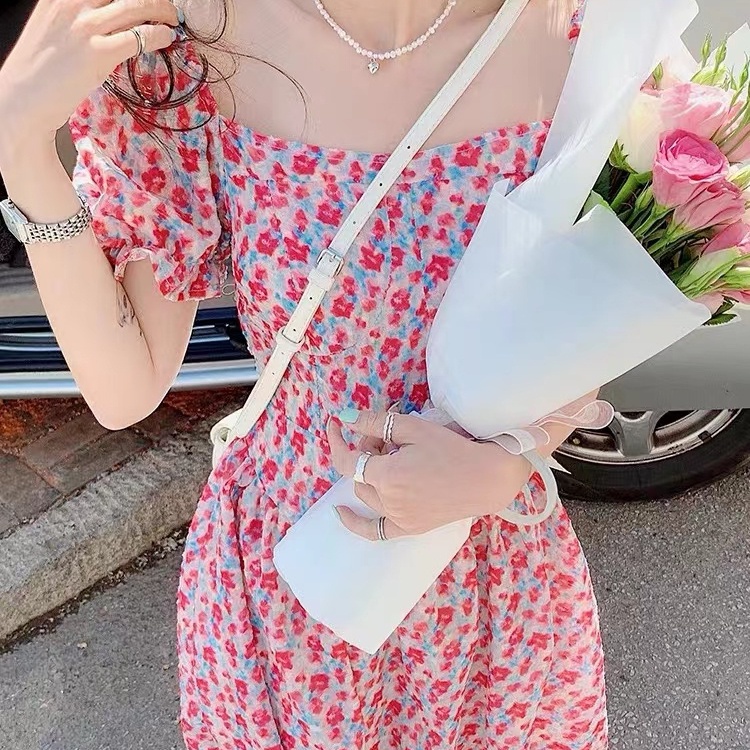 Đầm Tay Phồng Cổ Vuông Họa Tiết Hoa Phong Cách Hàn Quốc Thời Trang Cho Nữ
