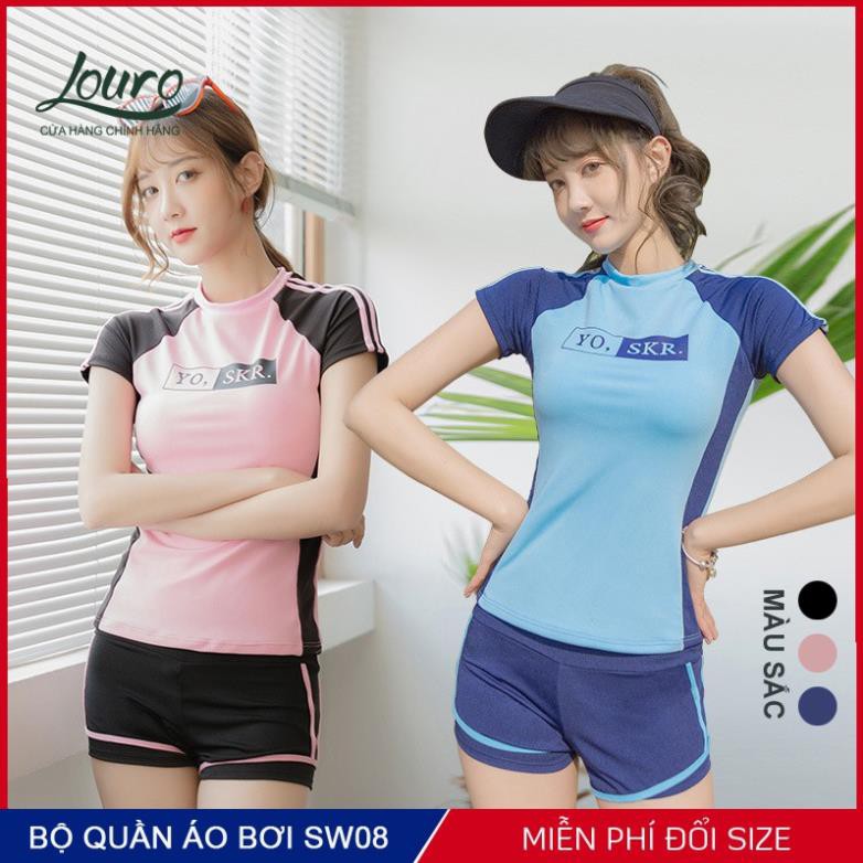 Bộ đồ bơi nữ kín đáo Louro SW08, kiểu quần áo bơi nữ tay ngắn, mặc đi tắm, đi biển rất đẹp theo phong cách Hàn Quốc  ྇