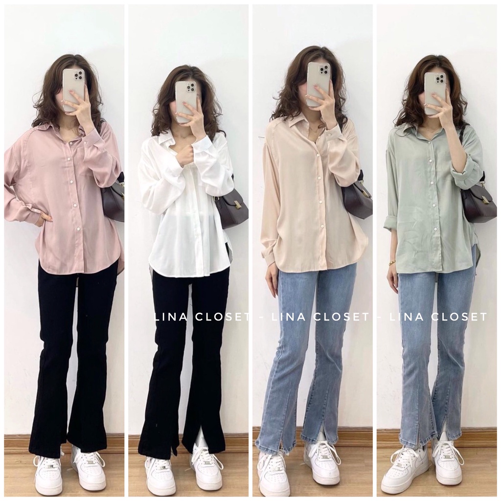 [Ảnh thật] Áo sơ mi chất lụa tăm túi ngực vạt bầu ulzzang