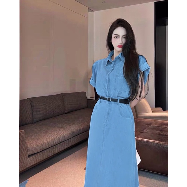 ĐẦM SƠ MI JEANS KÈM NỊT
