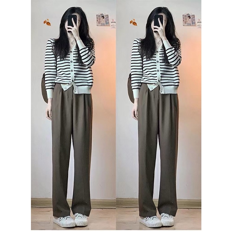 Bộ Áo Cardigan Dệt Kim Dáng Rộng Phối Quần Ống Rộng Kiểu Hàn Quốc Thời Trang Xuân Thu Cho Nữ