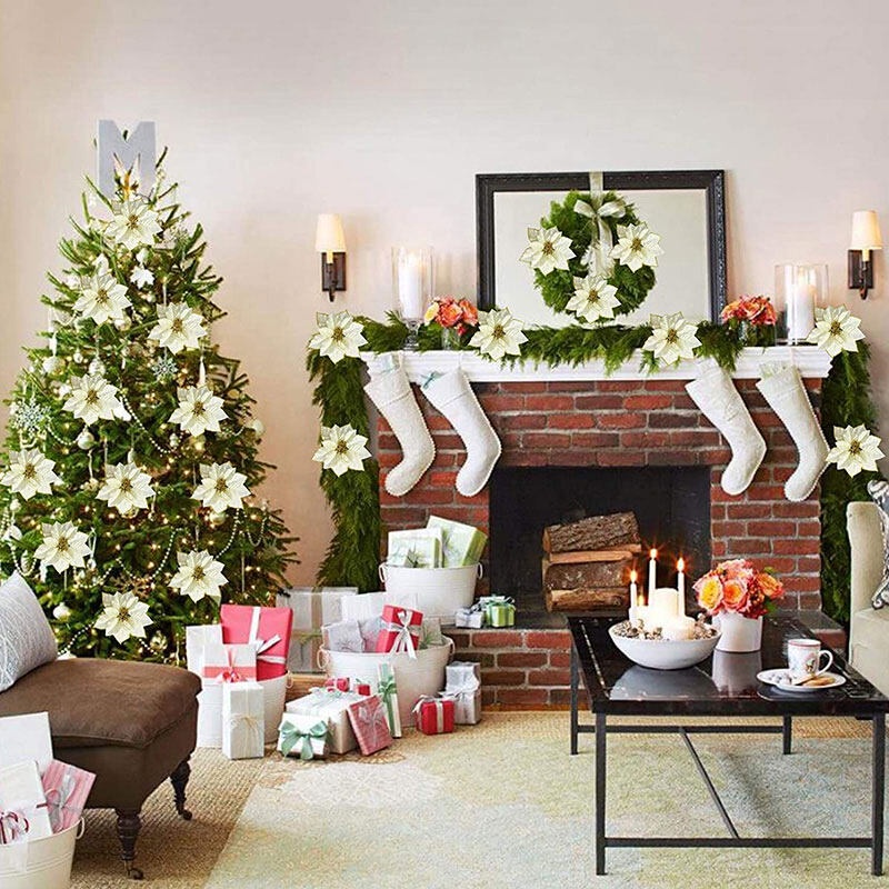 Set 5/ 10 bông hoa trạng nguyên lấp lánh nhân tạo dành cho trang trí cây thông noel dịp Giáng Sinh năm mới