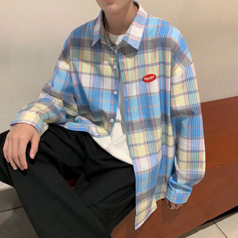 Áo khoác sơ mi caro tay dài phong cách Nhật Bản thời trang xuân thu cho nam 2021