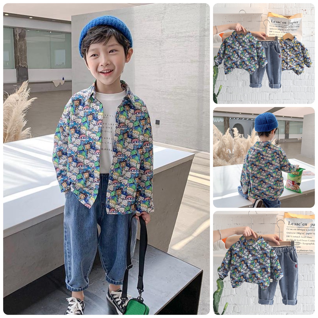 XẢ HÀNG BS18 Size6-21kg( 80-120) Đồ Bộ bé trai. Quần jean + áo sơ mi xanh Thời trang trẻ Em hàng quảng châu