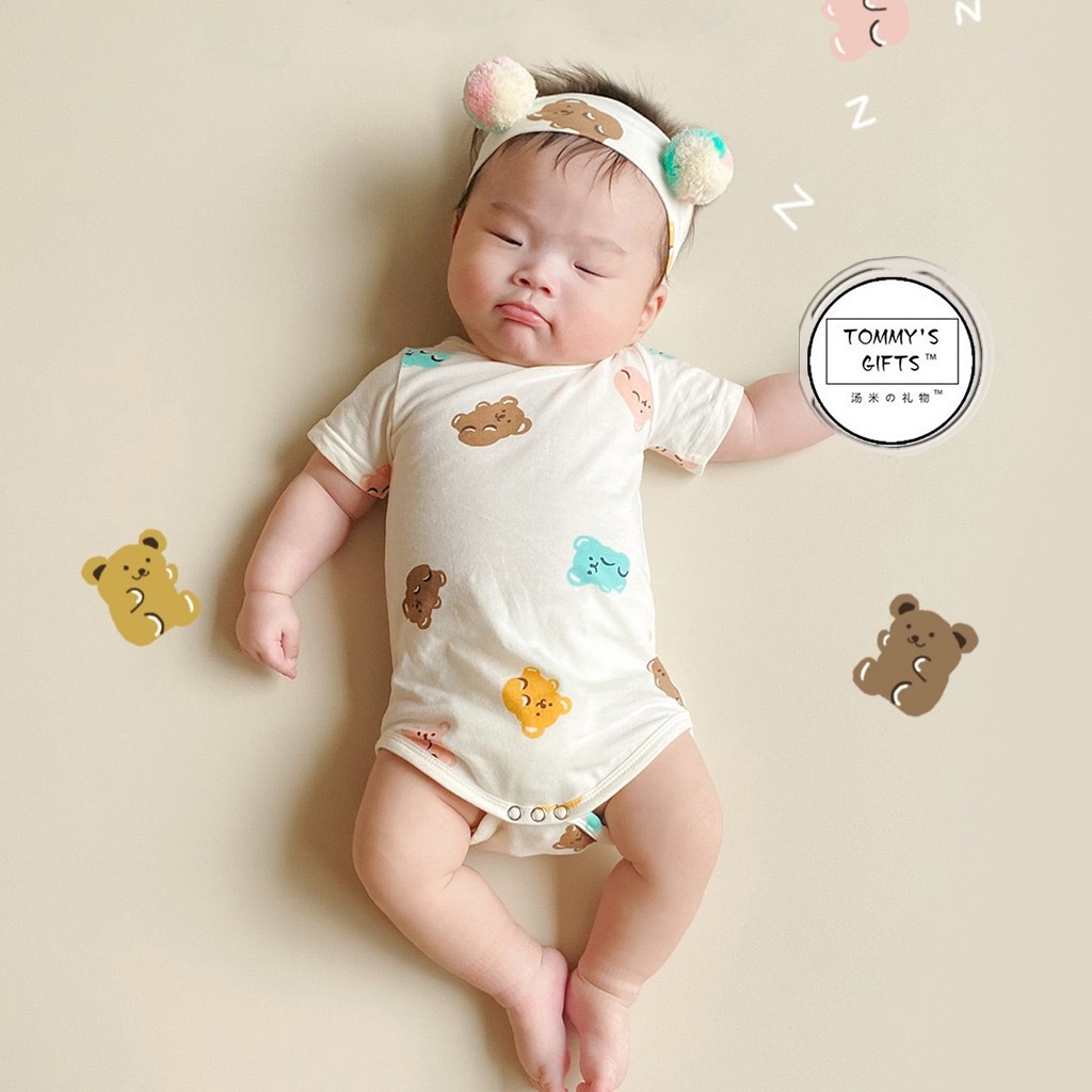 Bộ Áo Liền Quần Tay Ngắn + Băng Đô Thời Trang Mùa Hè Xinh Xắn Cho Bé Sơ Sinh