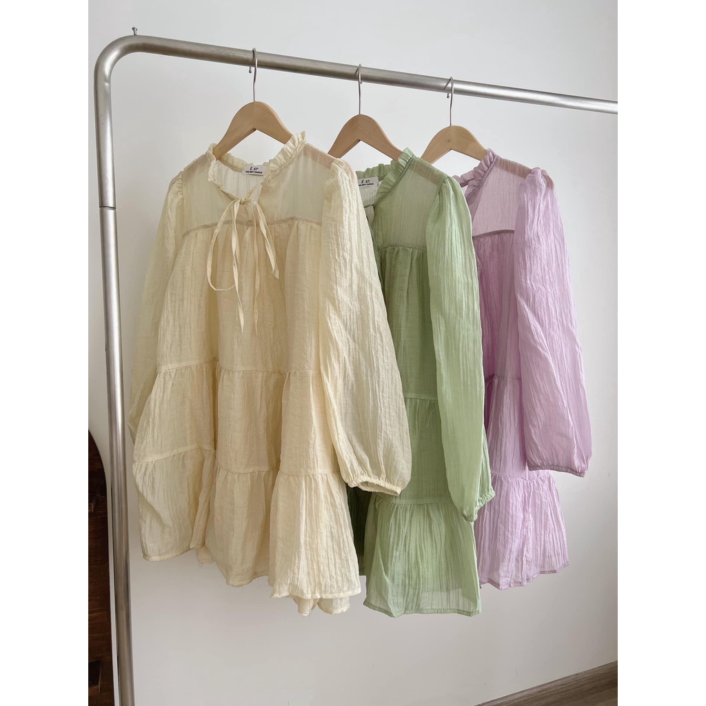 [Ảnh thật/Sẵn] Đầm - Váy babydoll tơ đũi cổ bèo dáng xòe thắt eo ulzzang
