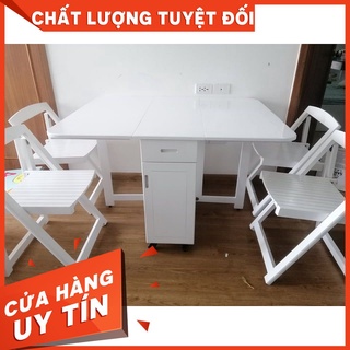 BÀN ĂN GỖ SỒI THÔNG MINH GẤP GỌN MẦU TRẮNG ( BỘ 4 GHẾ)