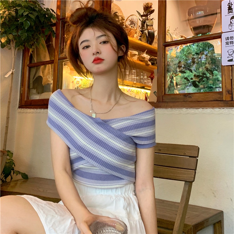 Áo dệt kim ZHELIHANGFEI ngắn tay cổ chữ V họa tiết kẻ sọc hợp thời trang