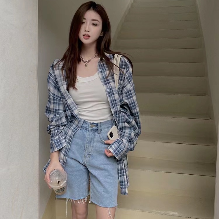 Áo sơ mi SUXI caro tay dài dáng rộng phong cách Hàn Quốc cho nữ