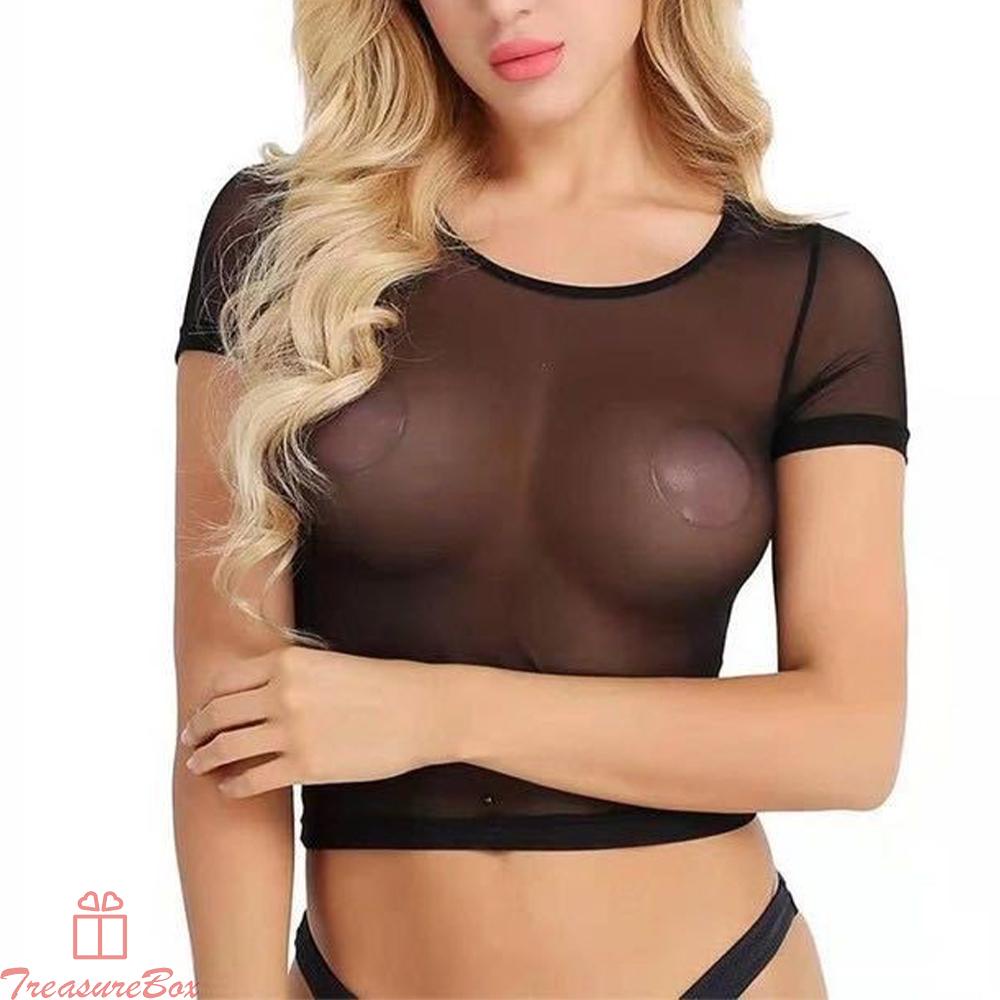 Womens Tops Round Neck See-through Sexy Sheer Short Sleeve Ladies Mesh
