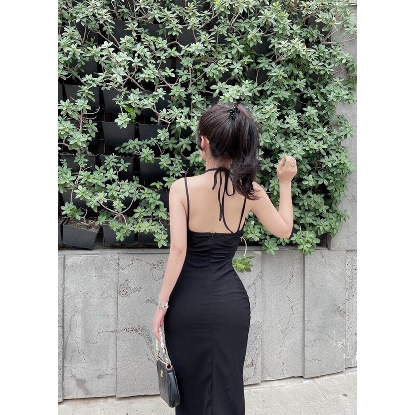 [8.8 Sales Freeship] Đầm nữ ôm body dáng dài, đầm thun đen 2 dây cột dây cổ nhún ngực mặc dạo phố siêu tôn dáng, sexy