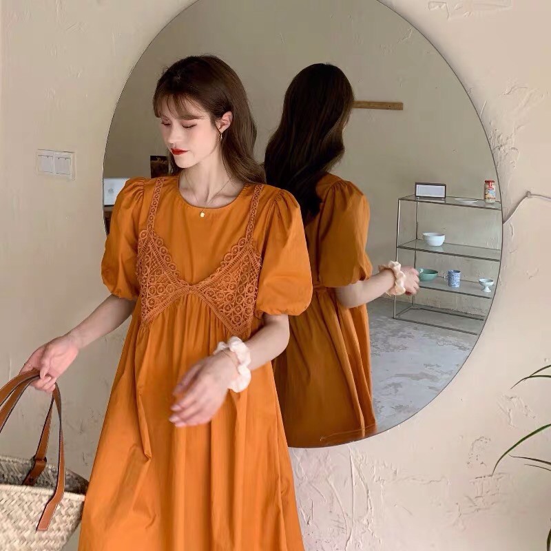 Đầm đũi dáng dài vintage, đầm cổ tròn cúc sau lưng, đầm cổ tròn mix yếm, váy đầm ngắn tay dáng dài