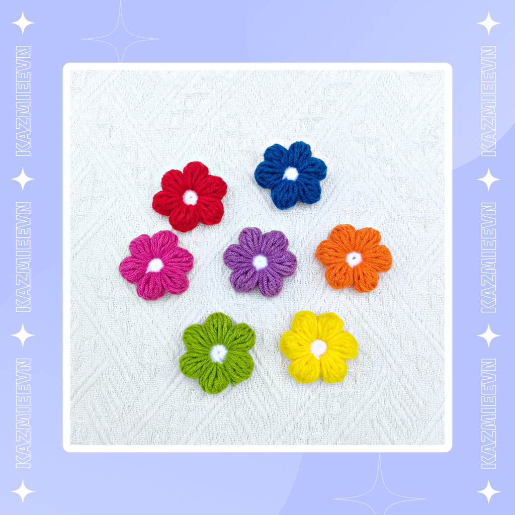 Hoa len trang trí, pin/ghim cài áo, balo handmade hoa 6 cánh