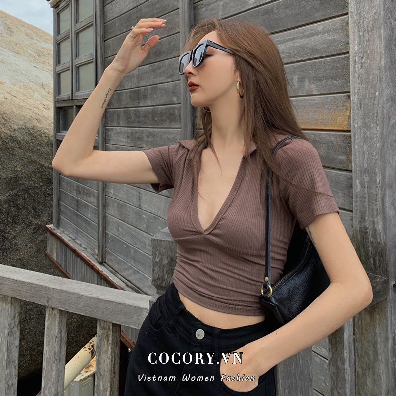 Áo Croptop Ngắn Tay Cổ Chữ V Ôm Dáng Gợi Cảm Dành Cho Nữ