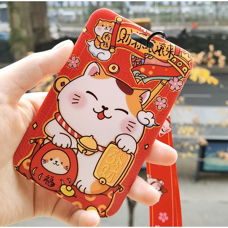 Case mèo may mắn, mèo thần tài đựng card, thẻ ATM, thẻ nhân viên, CCCD kèm móc khóa, dây đeo thẻ