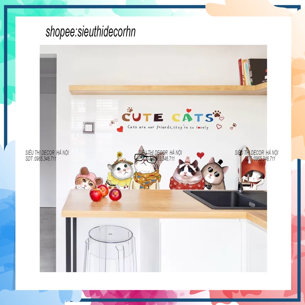 Decal dán tường phòng ngủ DÀN MÈO NGỘ NGHĨNH HM92039.Đề can dán tường Hàn quốc kích thước 60x90cm