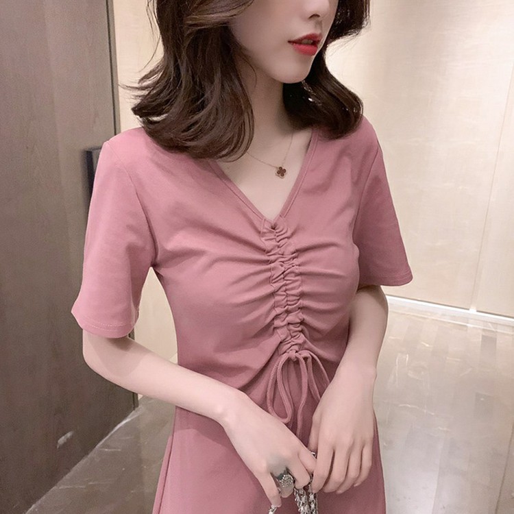 Đầm Rút Dây Ngực Cổ Tim Váy Suông Trơn Ngắn Tay Chất Cotton Co Dãn | BigBuy360 - bigbuy360.vn