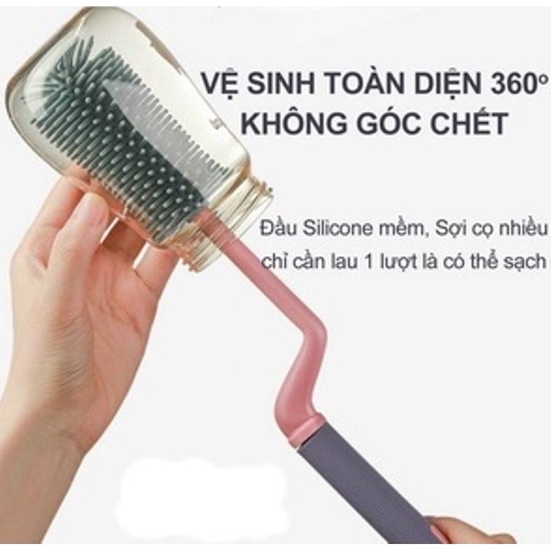 (Cọ 3 chi tiết) Dụng cụ cọ rửa bình sữa Silicon tay cầm xoay 360 độ siêu sạch tiện lợi an toàn cho bé