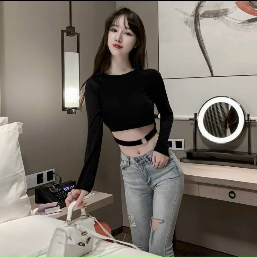 Áo croptop tay dài chocker eo cực hot xinh tươi thun đẹp