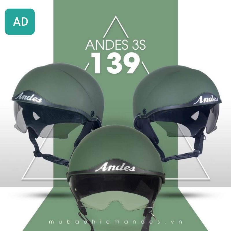 NÓN ANDES 3S 139 KÍNH DẤU MÀU XANH RÊU NHÁM CHÍNH HÃNG .