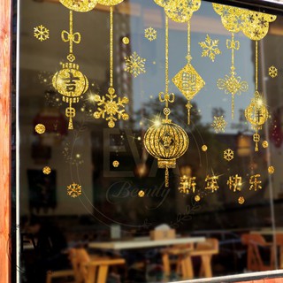 Decal Dán Tường Dán Kính Trang Trí Tết Họa Tiết Dây Treo Lồng Đen Chữ Phúc Nhũ Vàng Đón Xuân XL6609 M3266