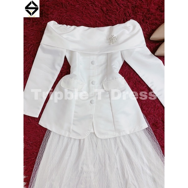 Sét đầm xoè dự tiệc TRIPBLE T DRESS + CV lưới caro + hoa đá cài ngực - MS245Y
