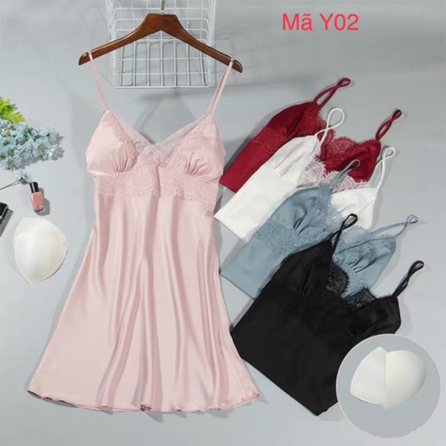 Váy ngủ lụa phối ren cao cấp 2 dây điều chỉnh , kèm mút ngực