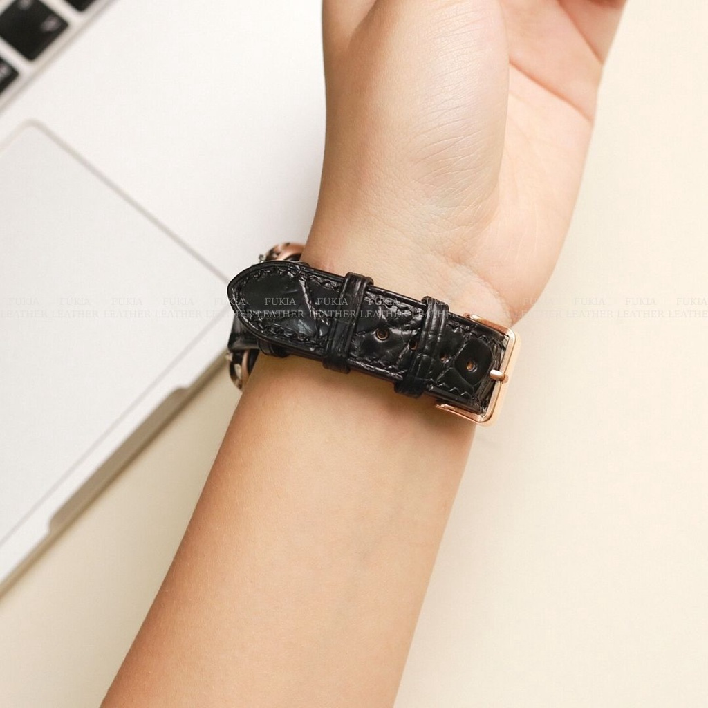 Dây da cá sấu thủ công khâu máy đen dành cho Apple Watch, đồng hồ thông minh, đồng hồ cơ