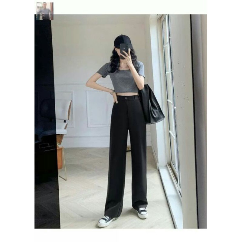 Quần ống rộng nữ lưng cao màu đen chất mềm mịn vải tuyết mưa trơn - Quần ống suông thể thao nữ mặc đi học sinh - công sở | BigBuy360 - bigbuy360.vn