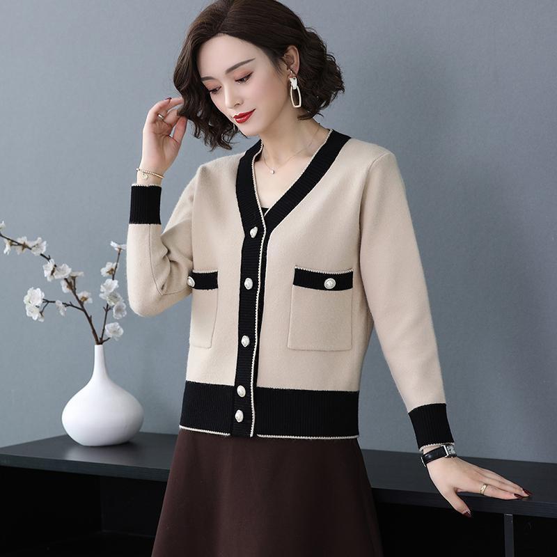 Áo Khoác Cardigan Dệt Kim Dáng Rộng Ngắn Mùa Xuân Thu Hàn Quốc Mới Cho Phụ Nữ Trung Niên