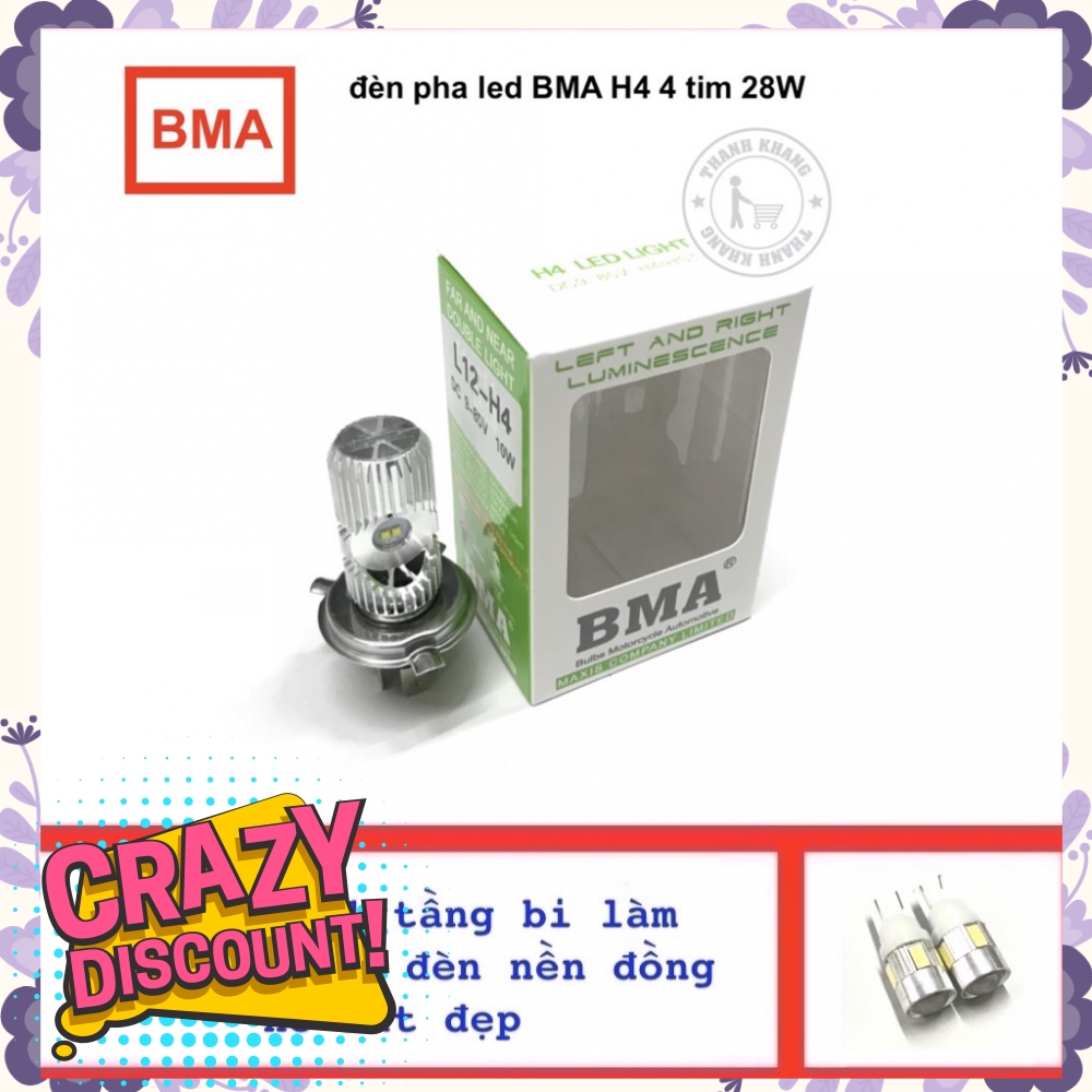 Đèn pha led BMA H4 4 tim 28 W tặng led 1 tầng bi làm demi, hay làm đèn nền đồng hồ rất đẹp màu trắng 001000096 003000061