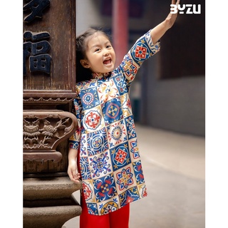 Áo dài bé gái BYZU thiết kế cách tân cô ba Sài Gòn chất vải lụa cao cấp mềm mát họa tiết gạch vuông