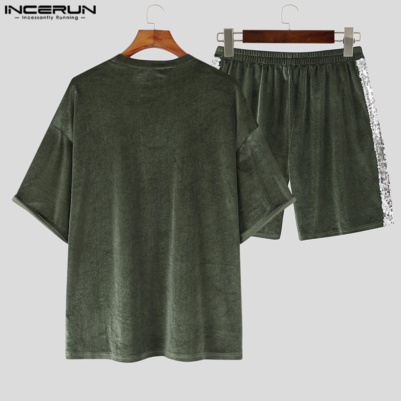 INCERUN Bộ Áo Ngắn Tay Cổ Tròn Đính Kim Sa + Quần Short Lưng Thun Thời Trang