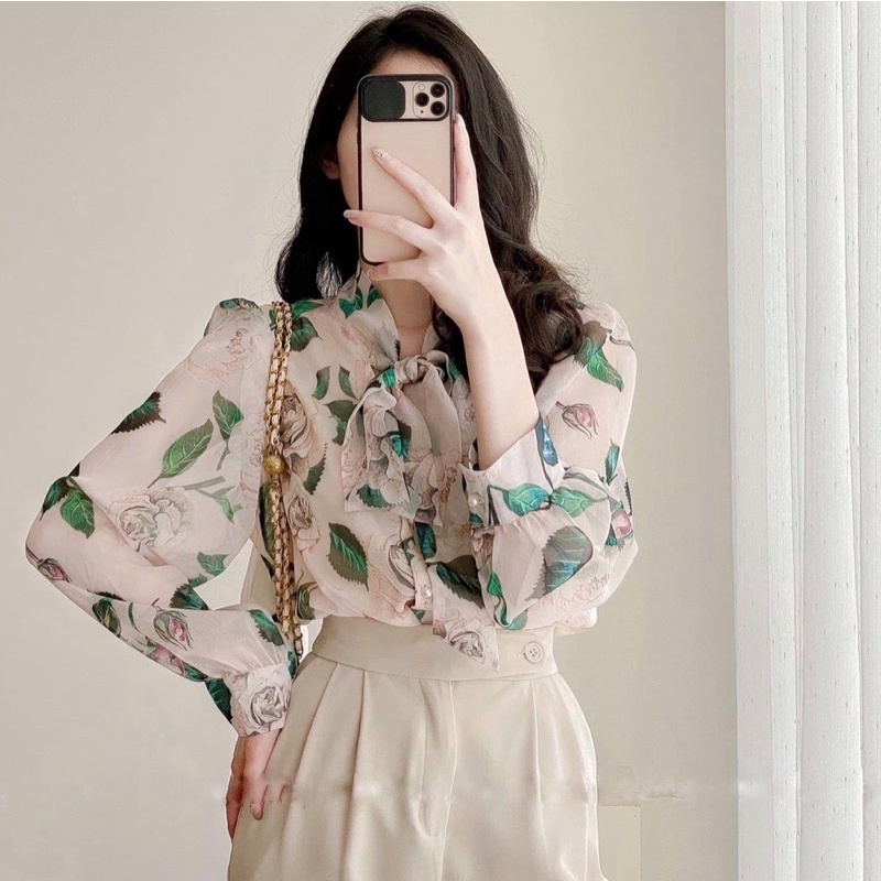 Sơ mi hoa cổ nơ tay phồng, Sơ mi tơ hoa mềm mịn
