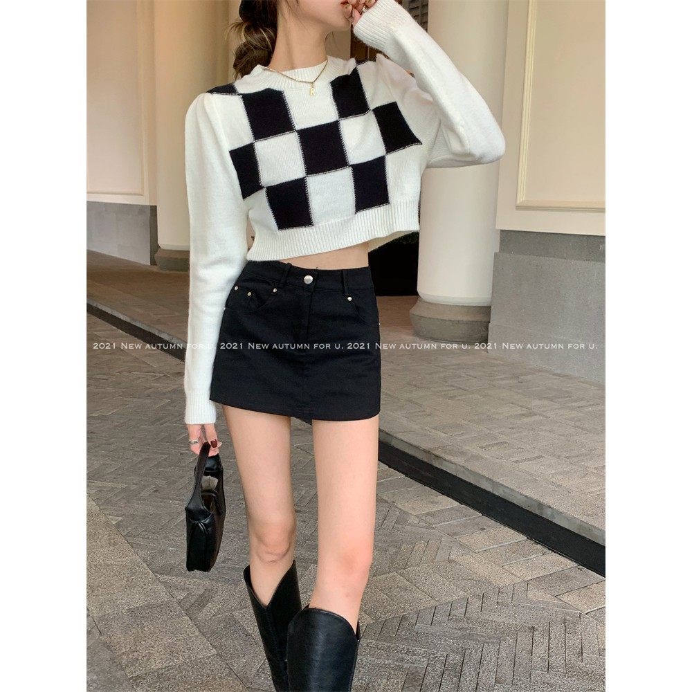 Áo sweater dáng ngắn họa tiết kẻ ô vuông màu trắng đen phong cách Hàn Quốc dễ phối đồ