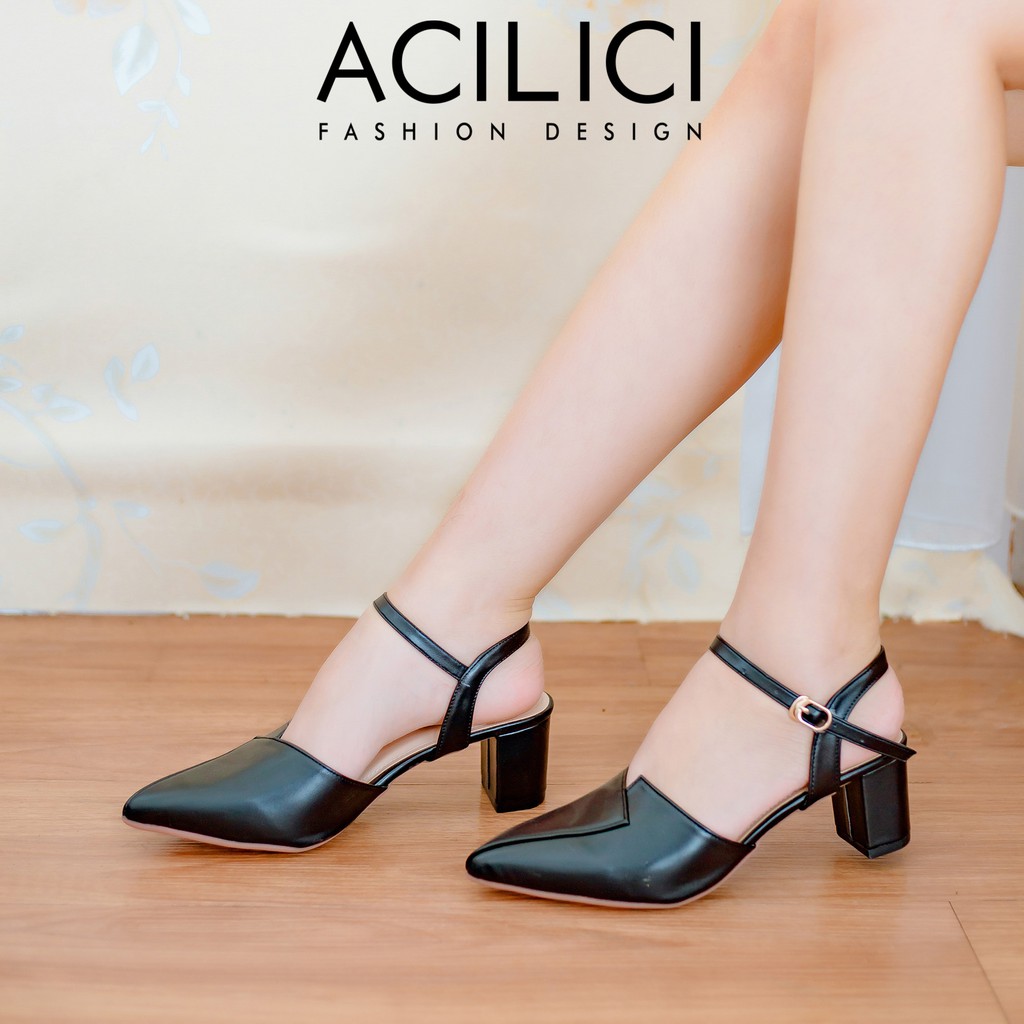 Giày sandal cao gót nữ ACILICI, mũi nhọn đế vuông cao 5p fom chuẩn size 35-40 màu đen và kem_TC01