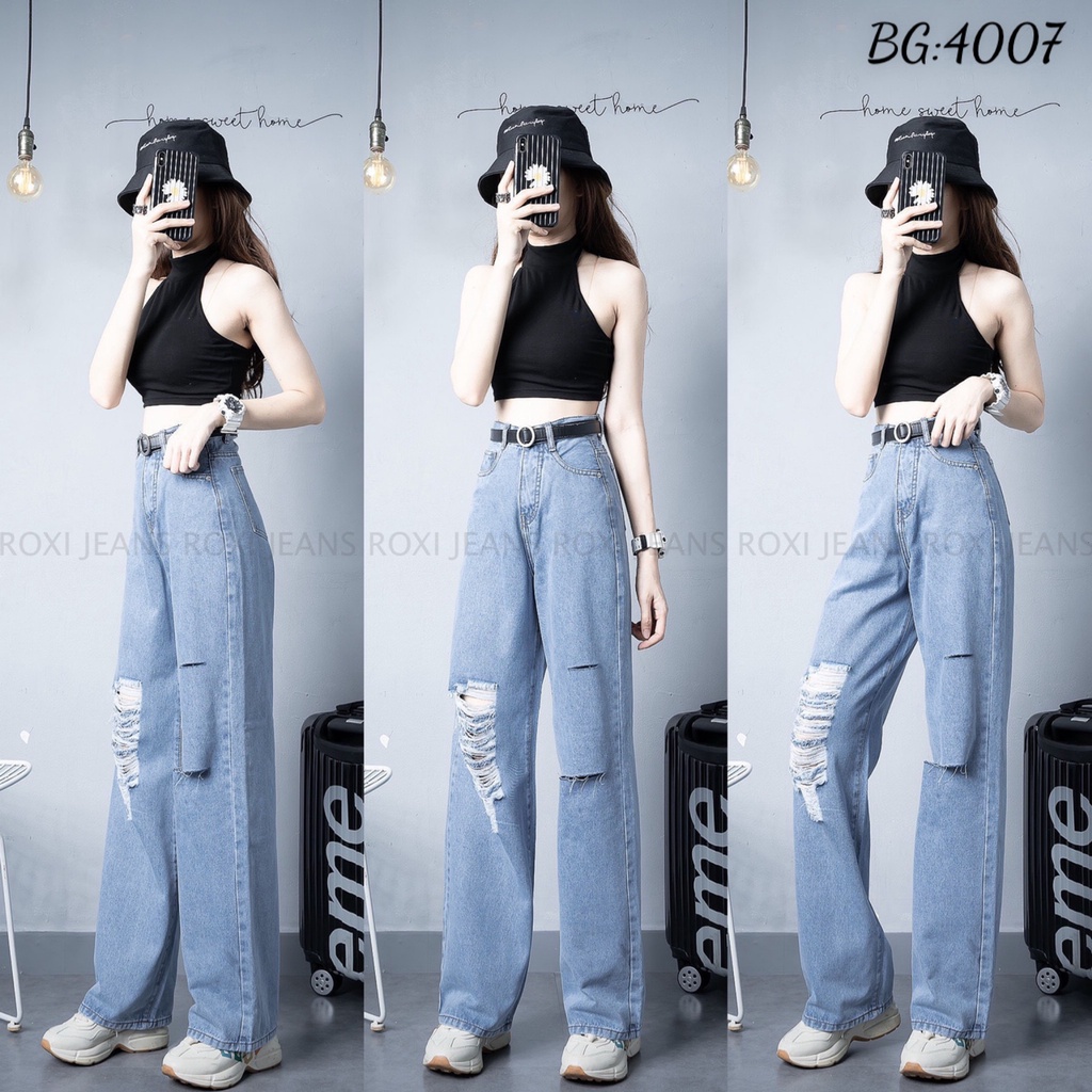 Quần Baggy Jean Nữ Ống Rộng Dáng Dài Rách Kiểu ULZZANG Hình Thật