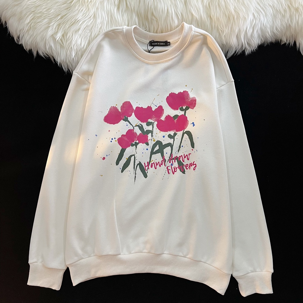 Áo len ZHELIHANGFEI cổ tròn họa tiết hoa graffiti dễ phối đồ tùy chọn màu sắc