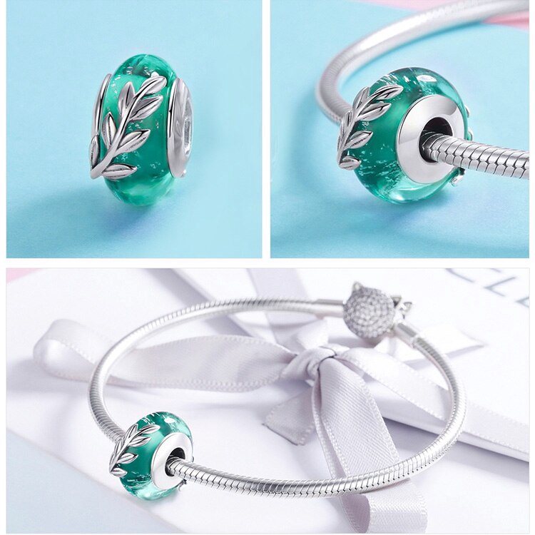 Hạt phụ kiện Bamoer Scc863 bạc 925 chạm khắc hình chiếc lá trang trí vòng tay thời trang