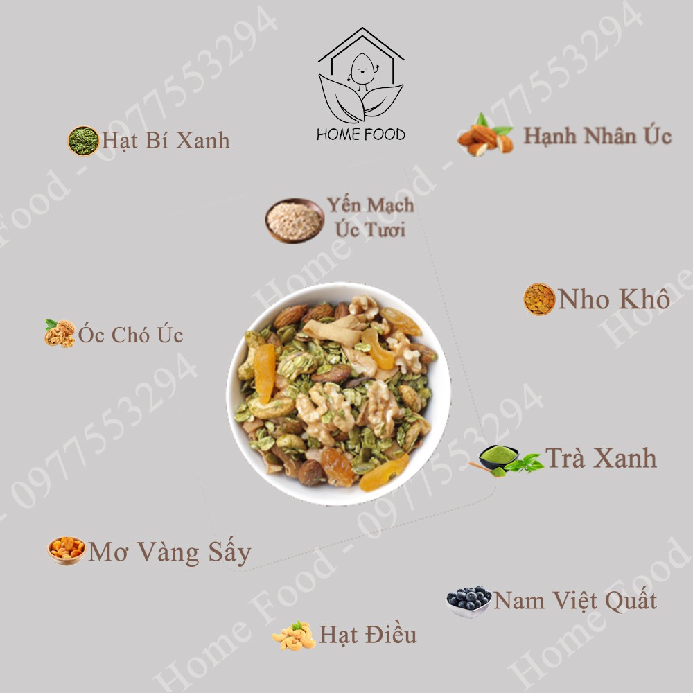 Granola ăn kiêng siêu hạt nướng mật ong, không đường, thêm óc chó, mơ vàng - 500g ( 3 vị ) - Home Food