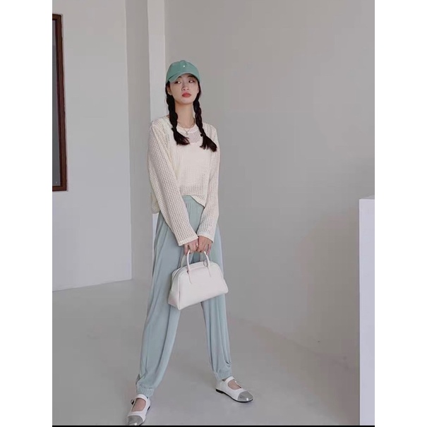 Set áo 2s croptop kèm áo lưới cổ tròn tay dài freesize Pumi