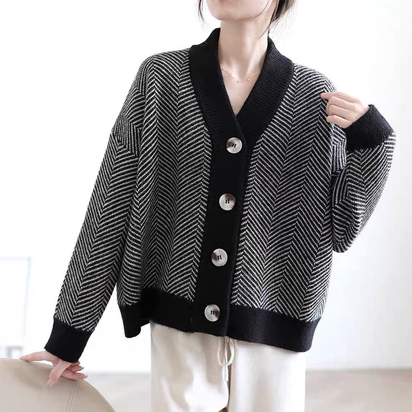 Áo khoác len nữ - Áo cardigan nữ dáng dài rộng kiểu sọc chéo tay dài dày dặn phong cách Hàn Quốc trẻ trung sang chảnh