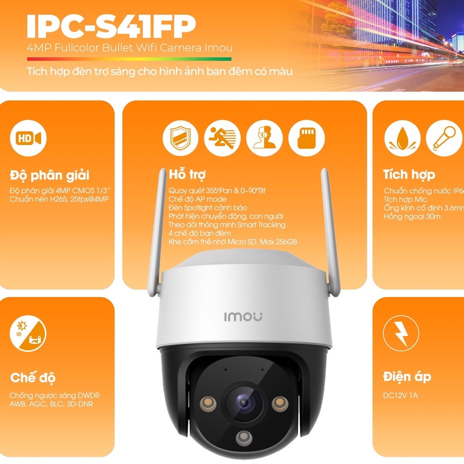 Camera WIFI ngoài trời xoay 360 độ, có màu đêm IMOU CRUISER SE S21FP 2MP/ S41FP 4MP hàng chính hãng