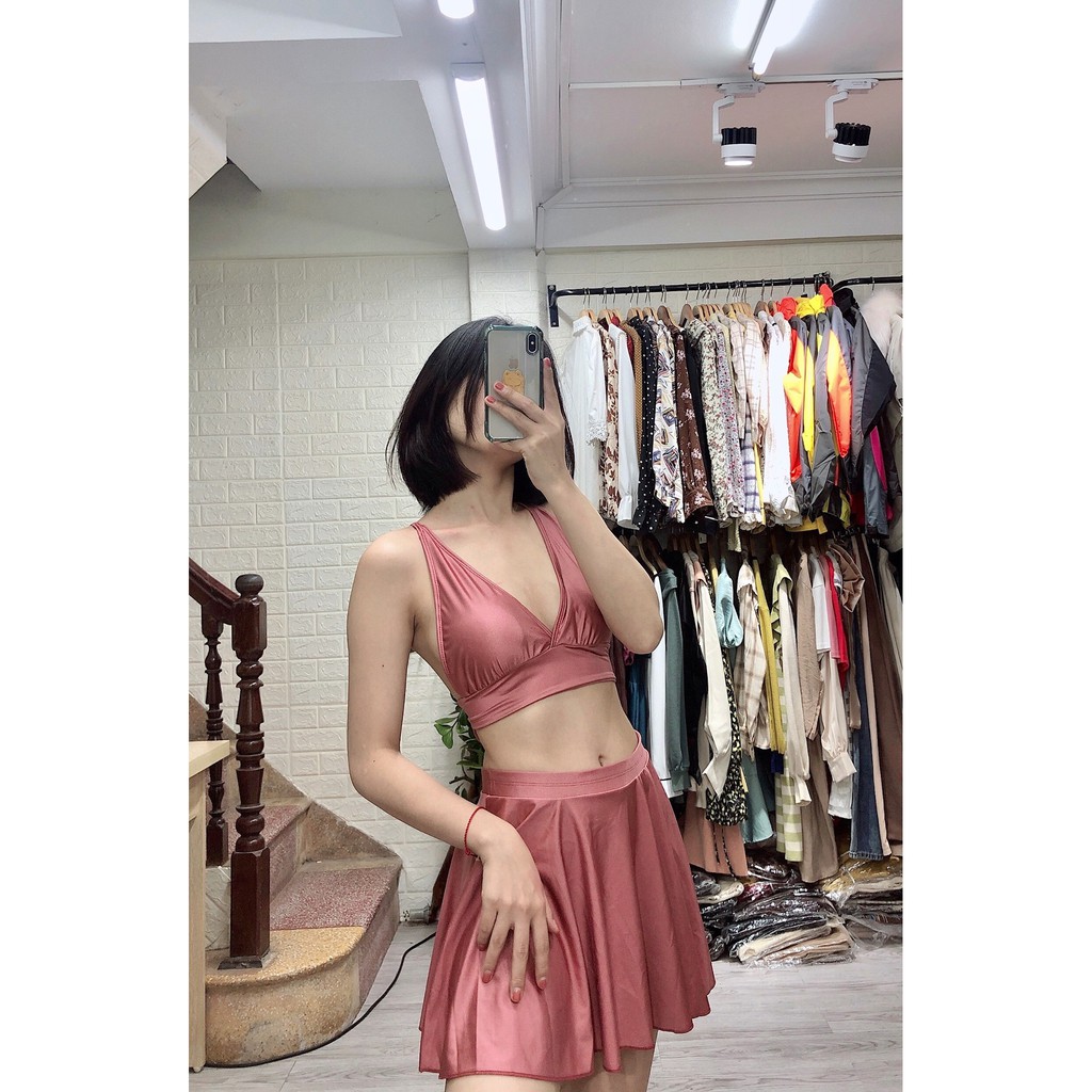 Bikini hai mảnh hồng ruốt dáng váy nữ tính mặc đi biển đi bơi đẹp ( Hàng loại 1)