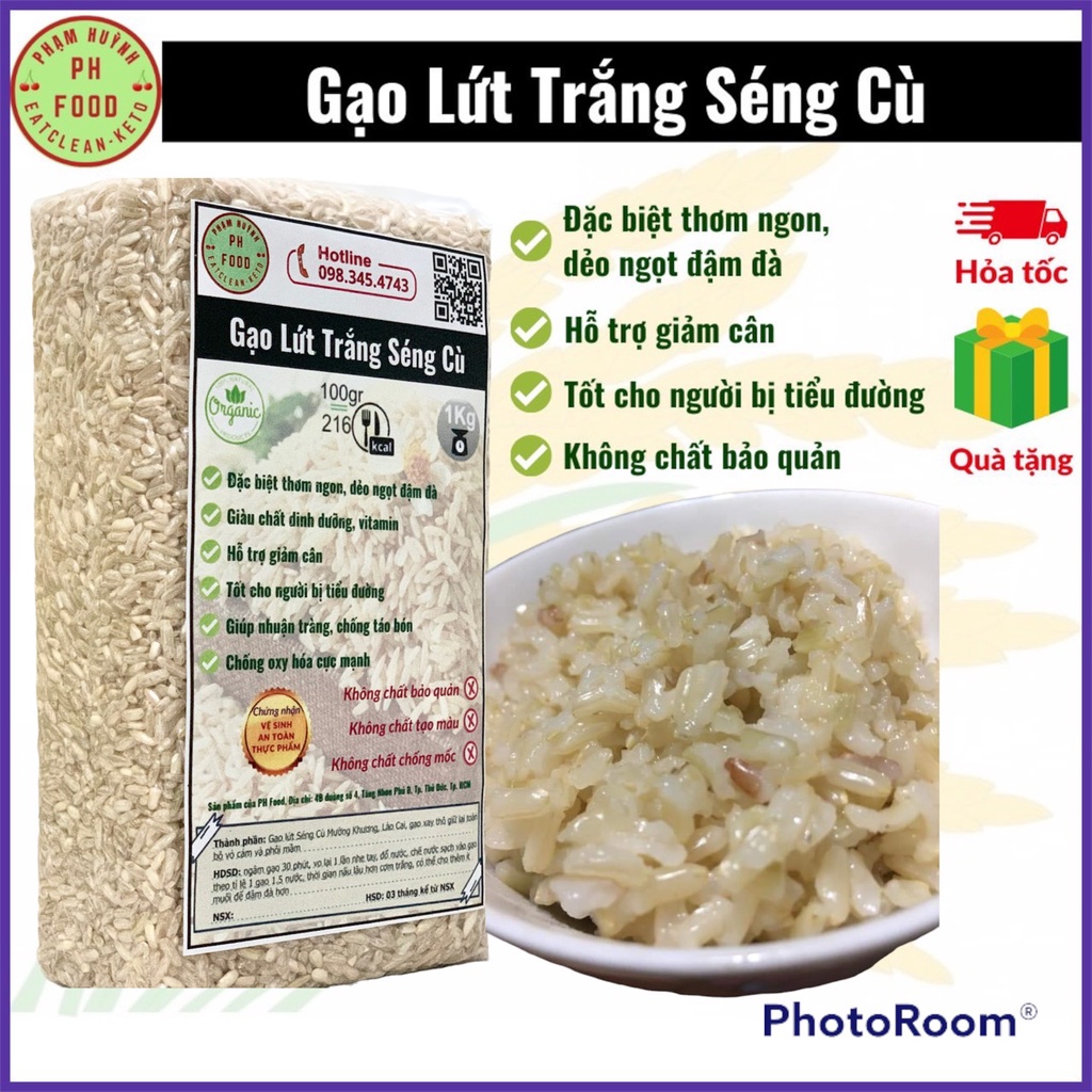 Gạo lứt trắng Séng Cù túi 1kg, gạo lức trắng nguyên cám, dẻo thơm ...