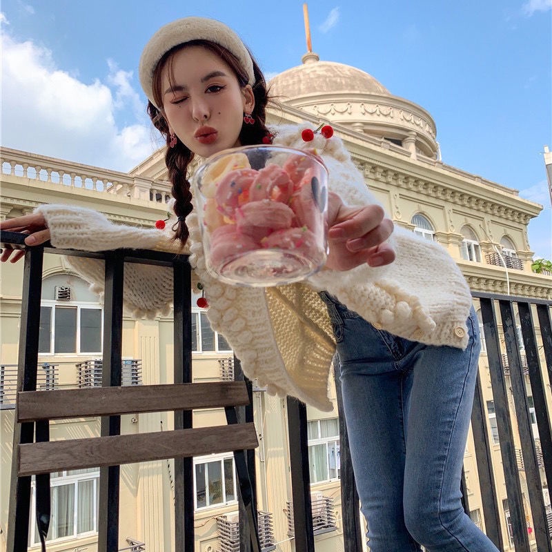 Áo khoác cardigan IELGY len dáng rộng họa tiết quả cherry phong cách retro thời trang dành cho nữ