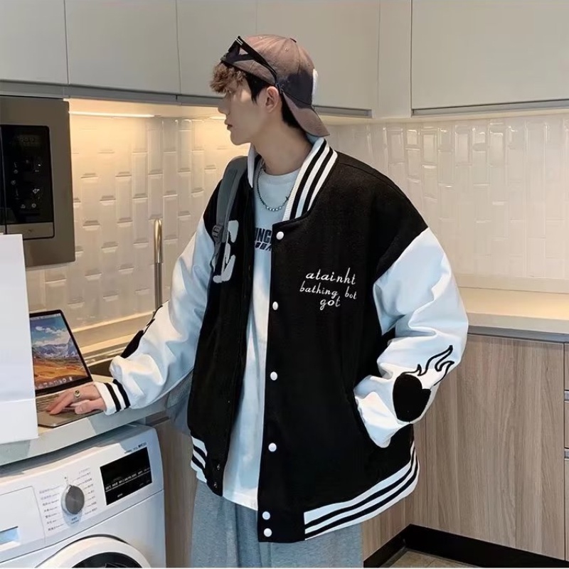 Áo Khoác Bóng Chày Màu Xanh Dương Thêu Chữ Trẻ Trung Thời Trang Xuân Thu Cho Nam