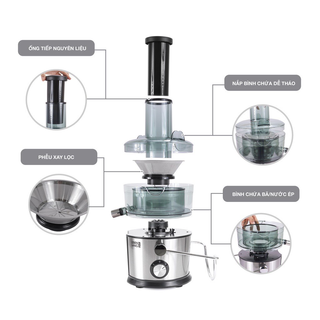 Máy ép trái cây Lebenlang LBE3468, máy ép nhanh dung tích 1100ml, công suất 800W