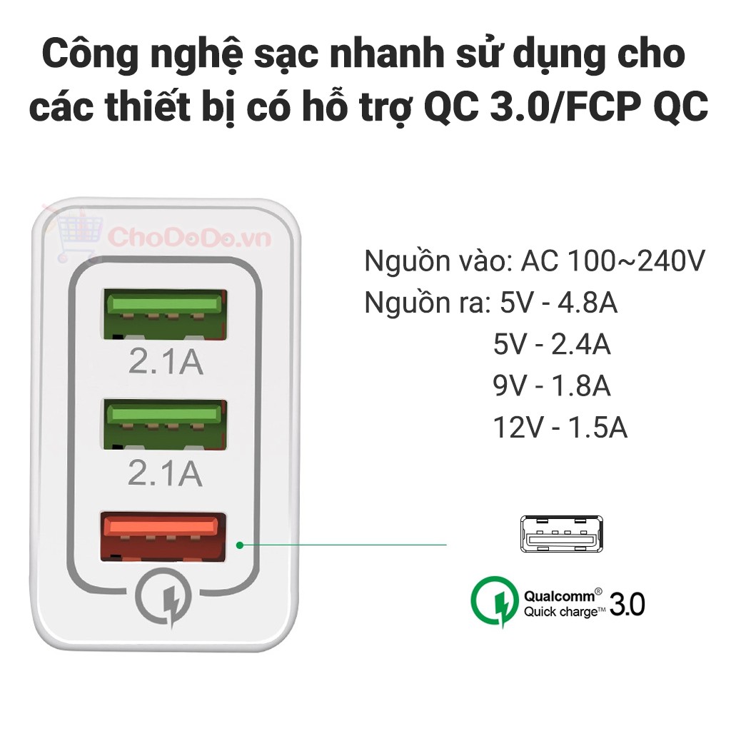 Cốc Sạc Nhanh QC 3.0 18W 3 Cổng USB CS21